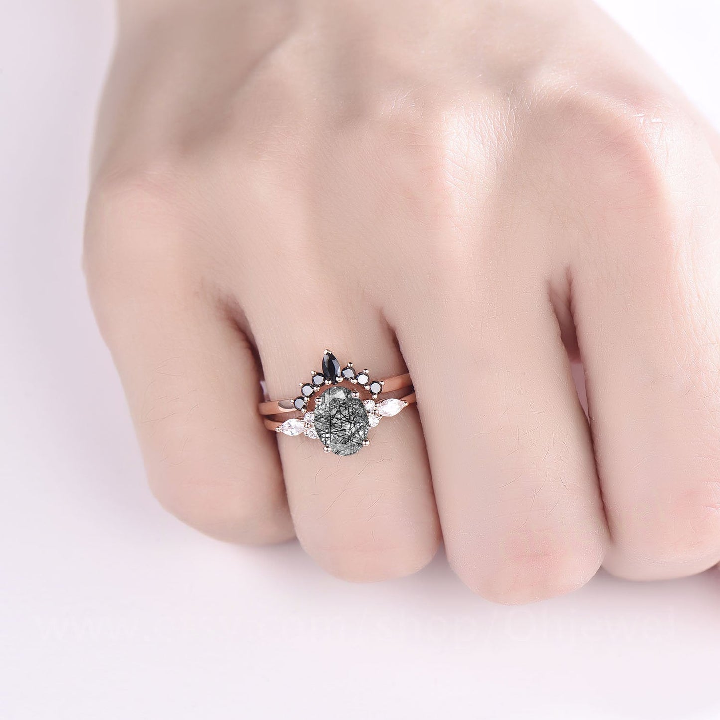 Oval cut black rutilated quartz engagement ring set rose gold ring set black diamond ring set marquise 7 stone ring wedding bridal set gift