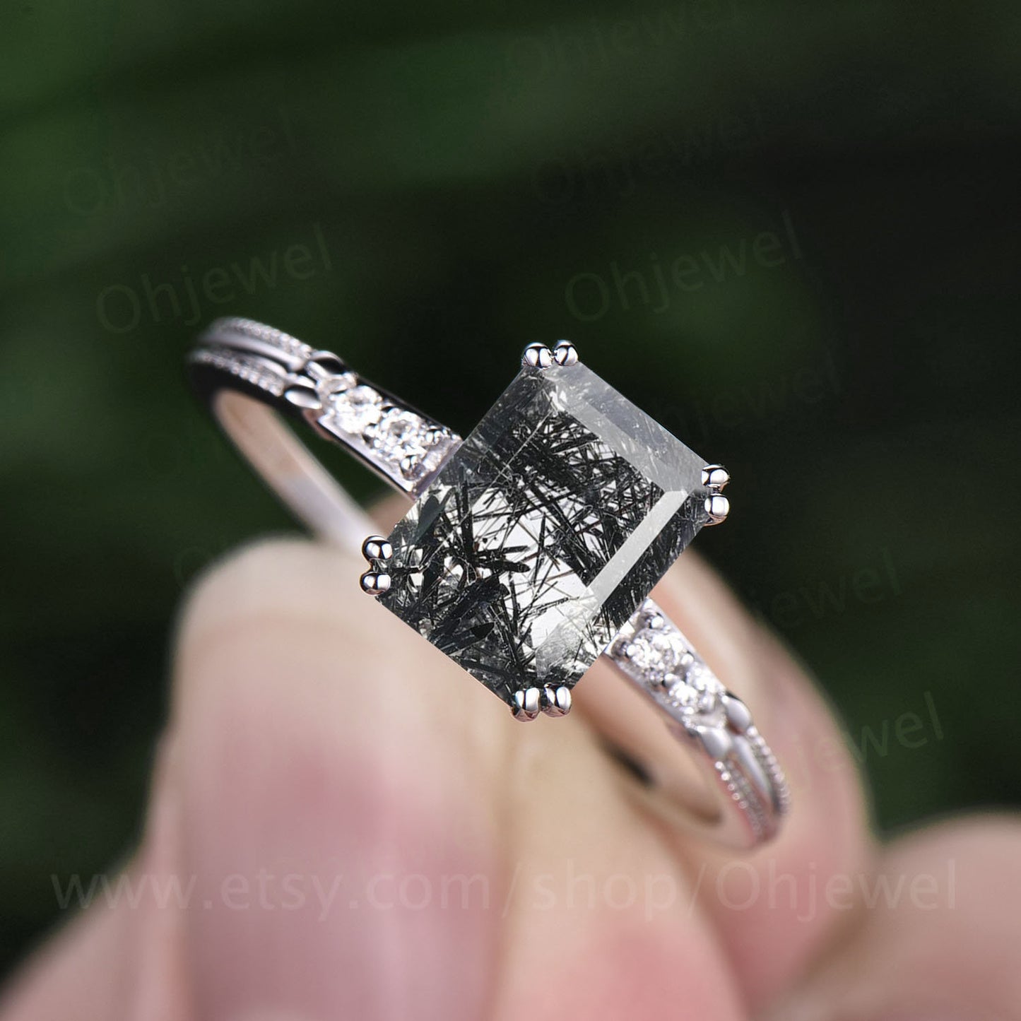 Emerald cut black rutilated quartz engagement ring five stone ring black stone ring rose solid gold ring diamond ring 14k custom jewelry