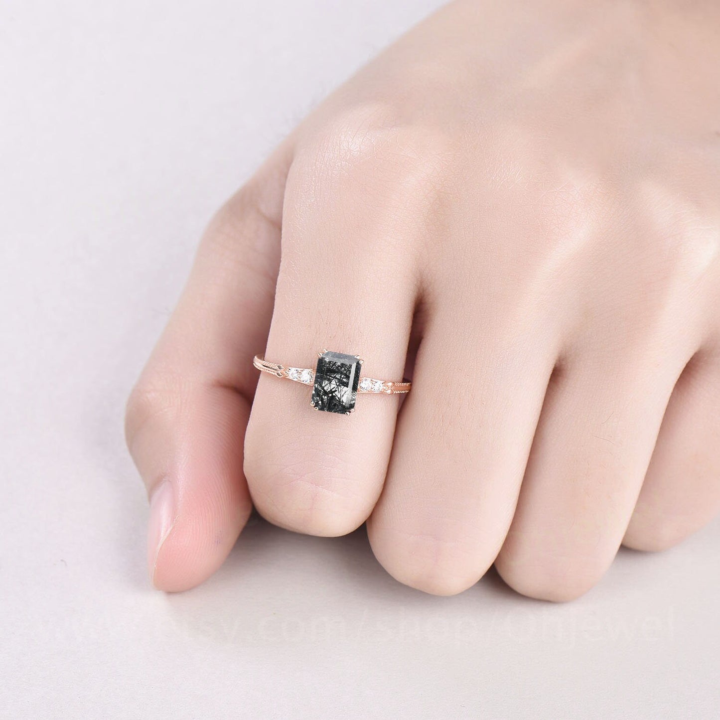 Emerald cut black rutilated quartz engagement ring milgrain five stone diamond ring black stone ring rose gold sterling silver jewelry gifts