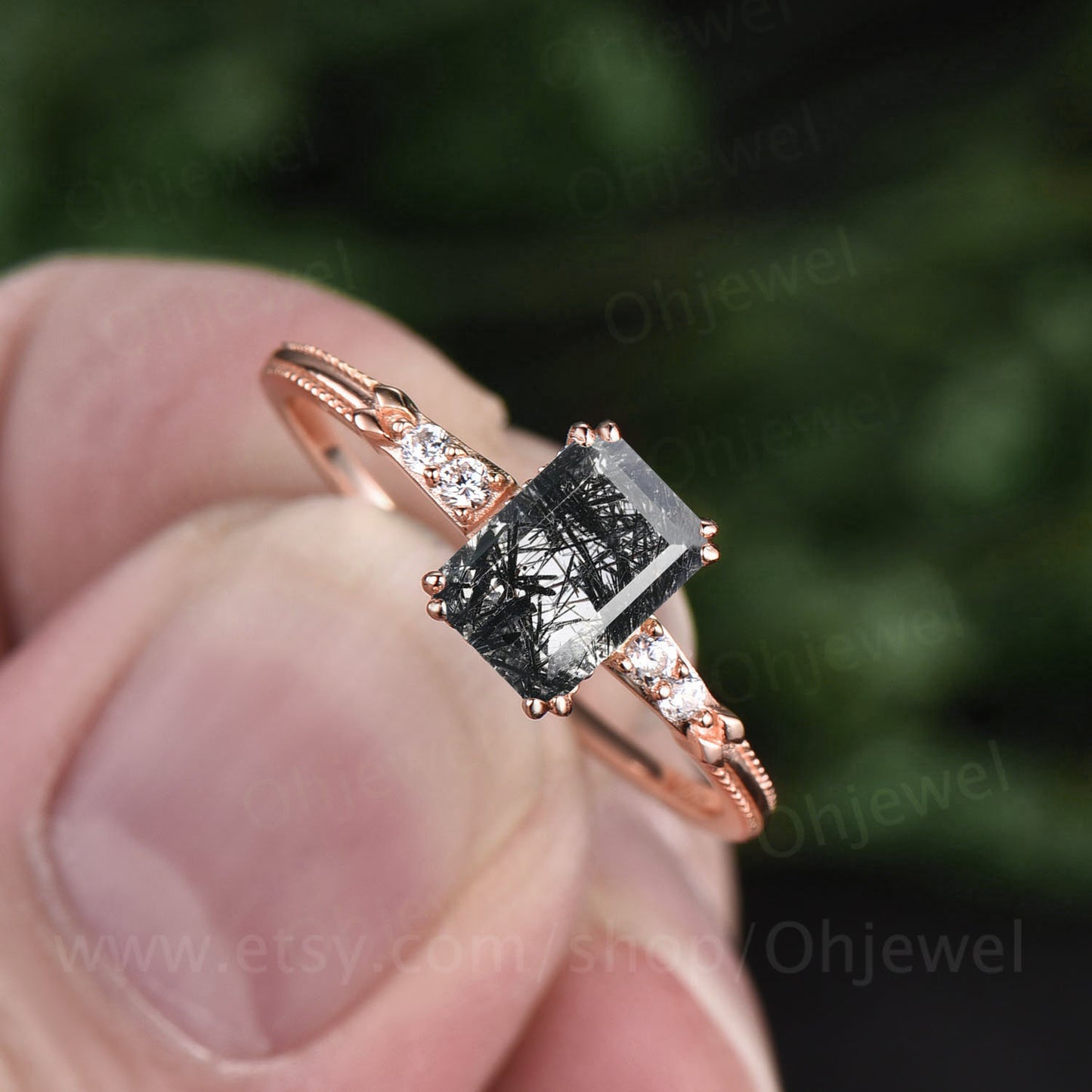 Emerald cut black rutilated quartz engagement ring five stone ring black stone ring rose solid gold ring diamond ring 14k custom jewelry