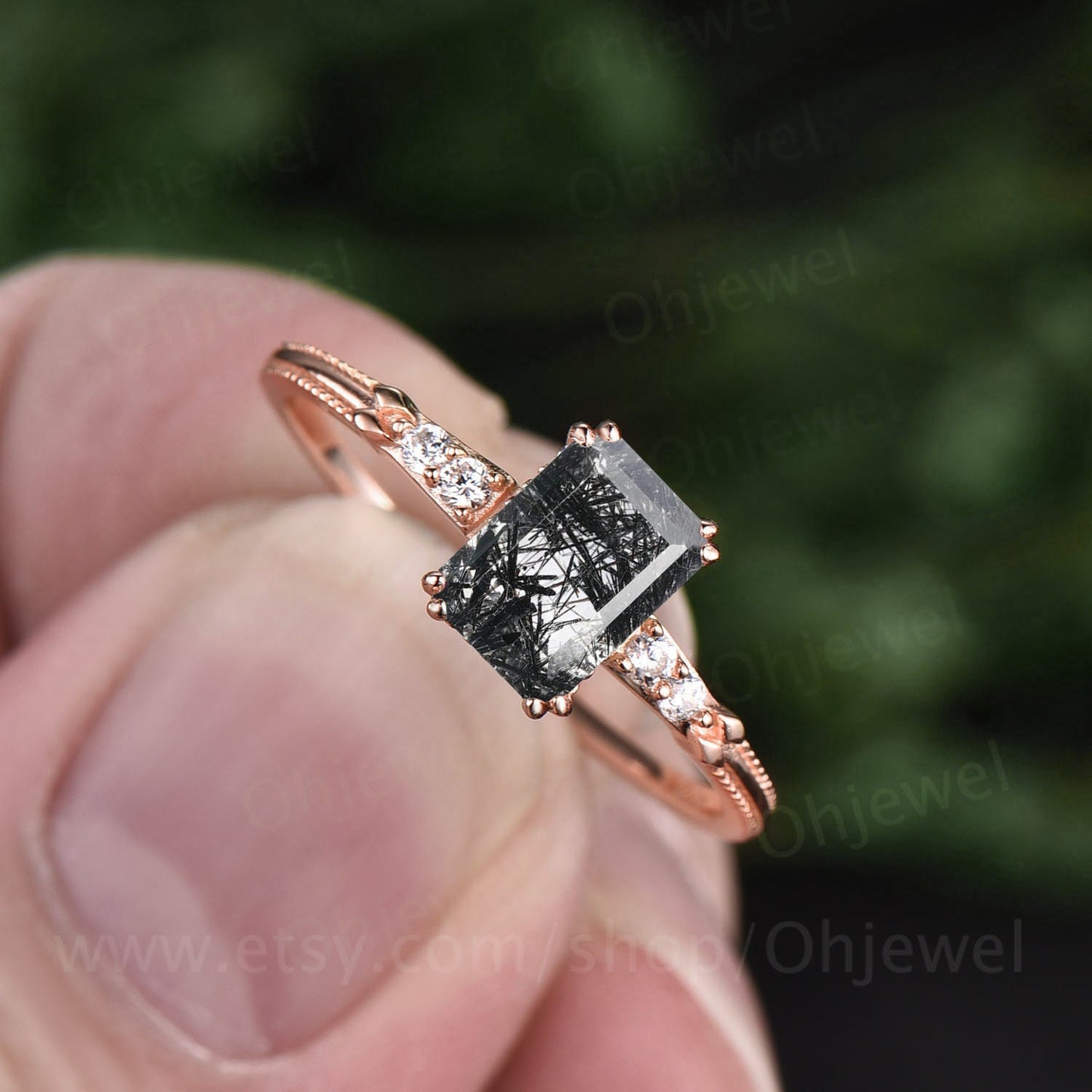 Emerald cut black rutilated quartz engagement ring milgrain five stone diamond ring black stone ring rose gold sterling silver jewelry gifts