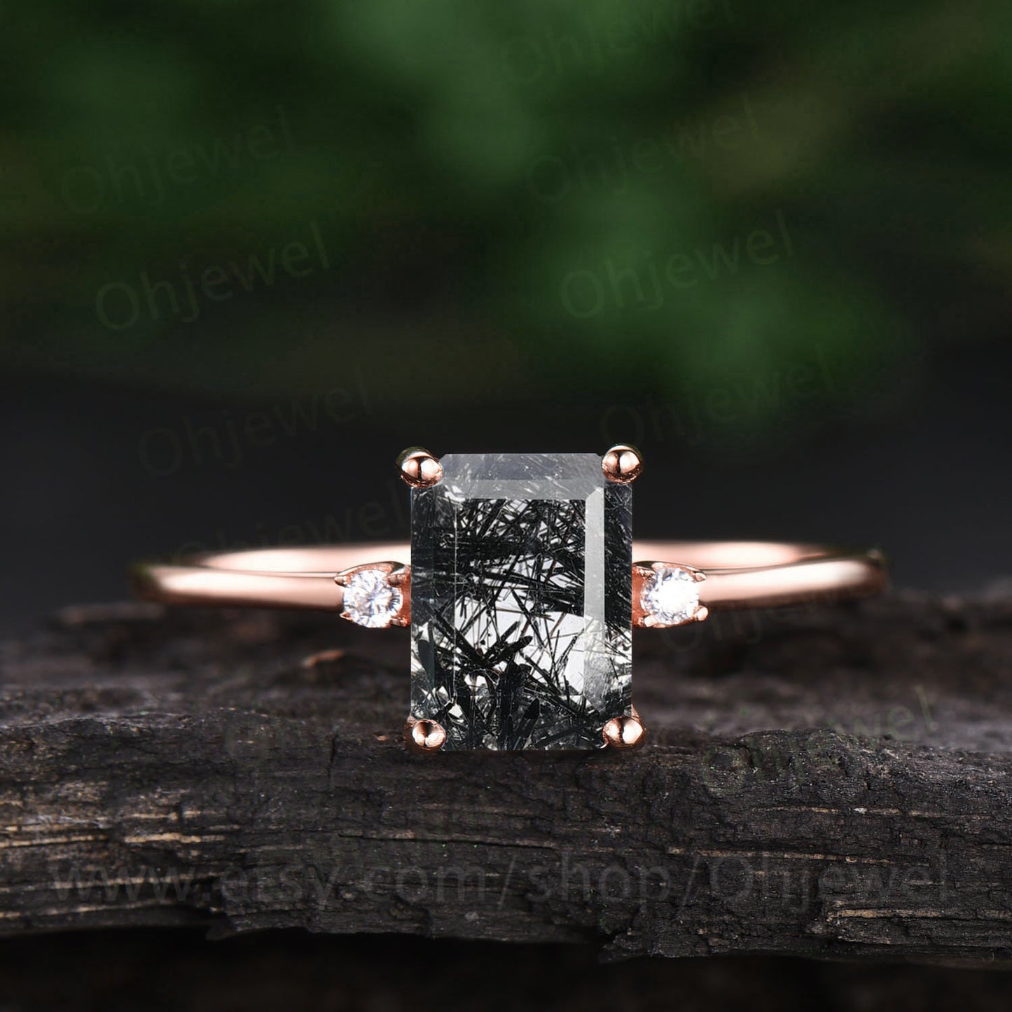 Three stone diamond ring emerald cut black quartz rutilated engagement ring for women custom jewelry black stone ring rose gold bridal ring