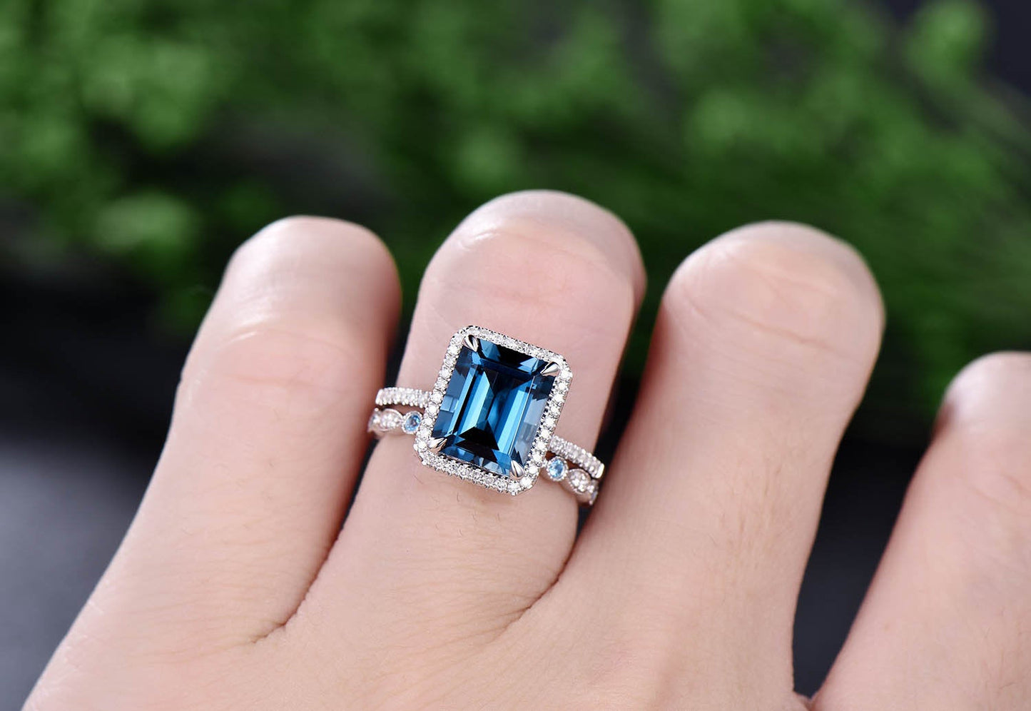 Emerald cut London blue topaz engagement ring set white gold ring moissanite halo ring full eternity topaz wedding band promise ring set