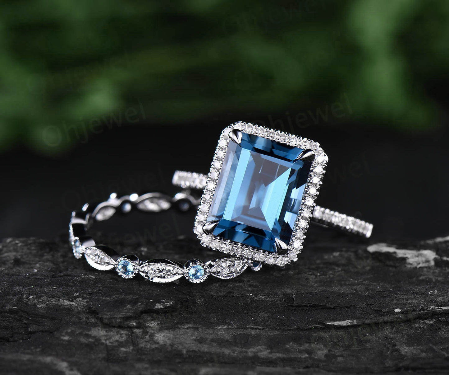 Emerald cut London blue topaz engagement ring set white gold ring moissanite halo ring full eternity topaz wedding band promise ring set