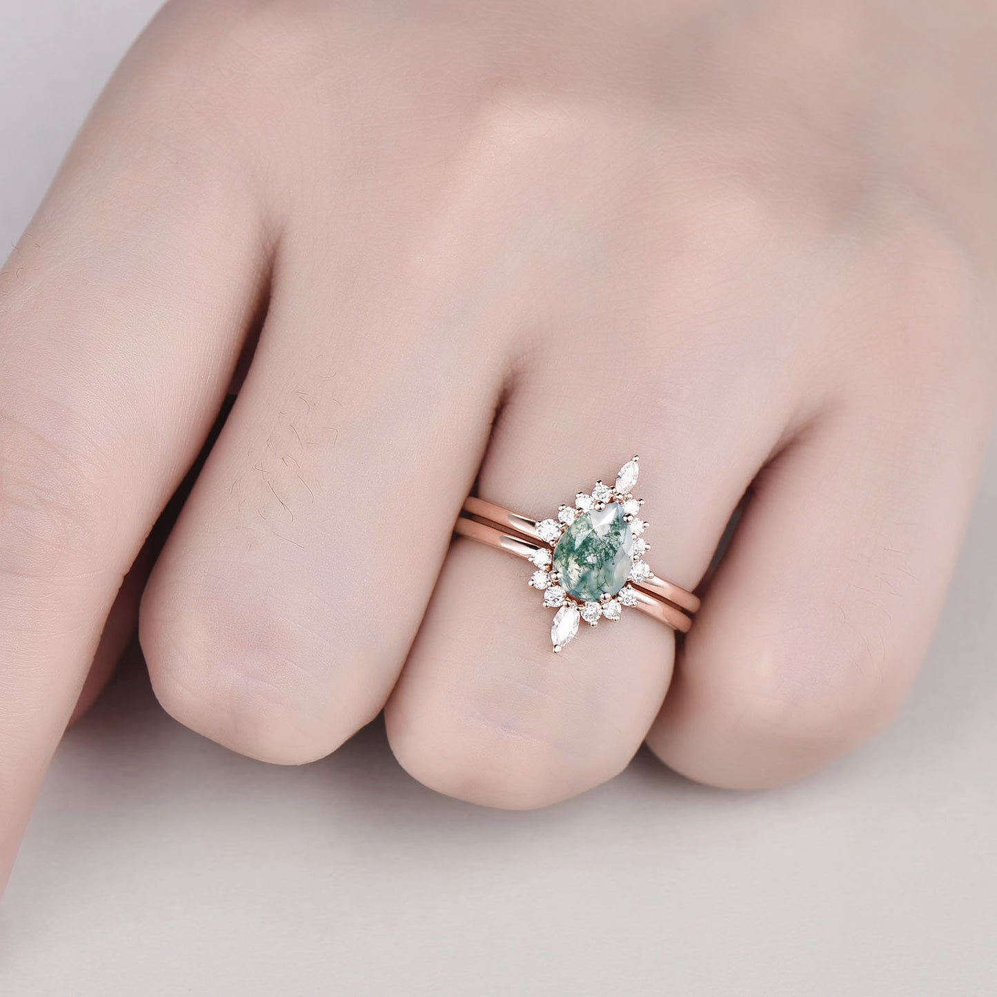 Pear shaped moss agate ring set vintage moss agate engagement ring set marquise moissanite ring set halo ring rose gold ring set for women