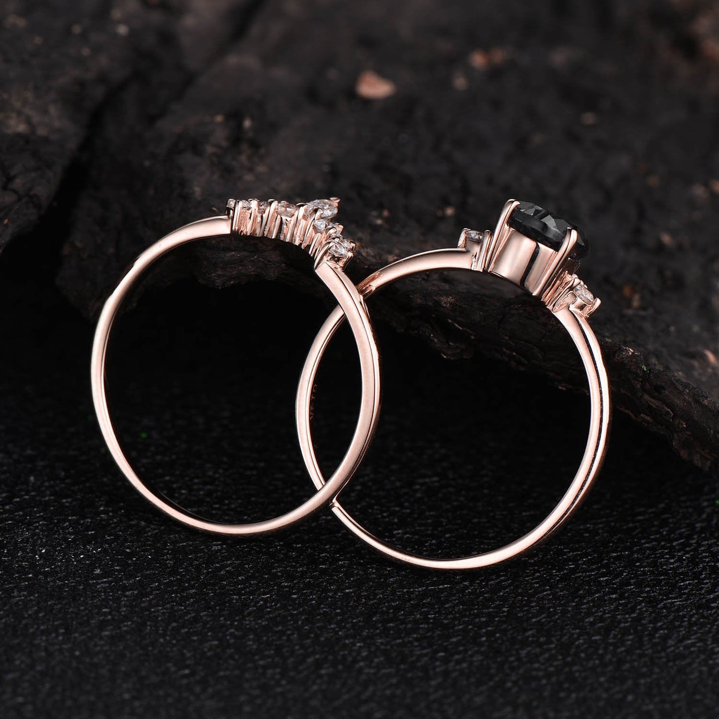 Pear shaped moss agate ring set vintage moss agate engagement ring set marquise moissanite ring set halo ring rose gold ring set for women