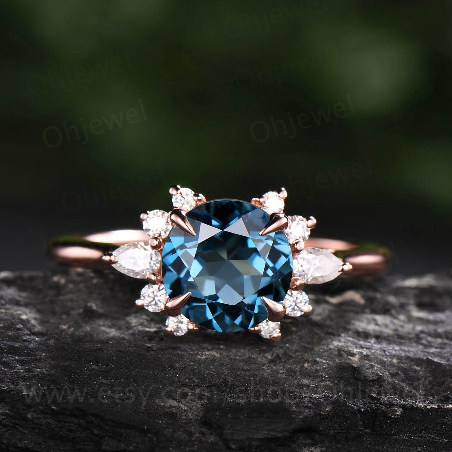 Round cut London blue topaz engagement ring topaz ring vintage cluster halo moissanite ring rose gold ring women jewelry unique bridal ring