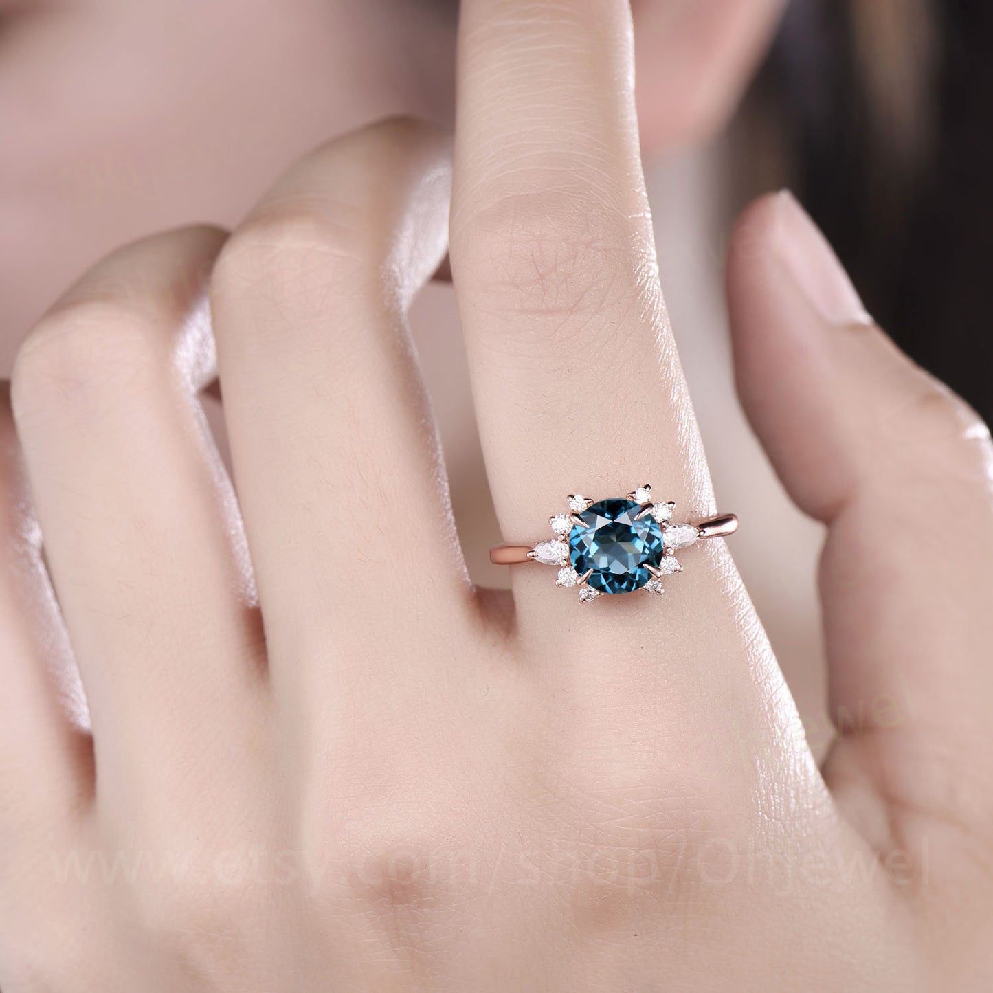 Round cut London blue topaz engagement ring topaz ring vintage cluster halo moissanite ring rose gold ring women jewelry unique bridal ring