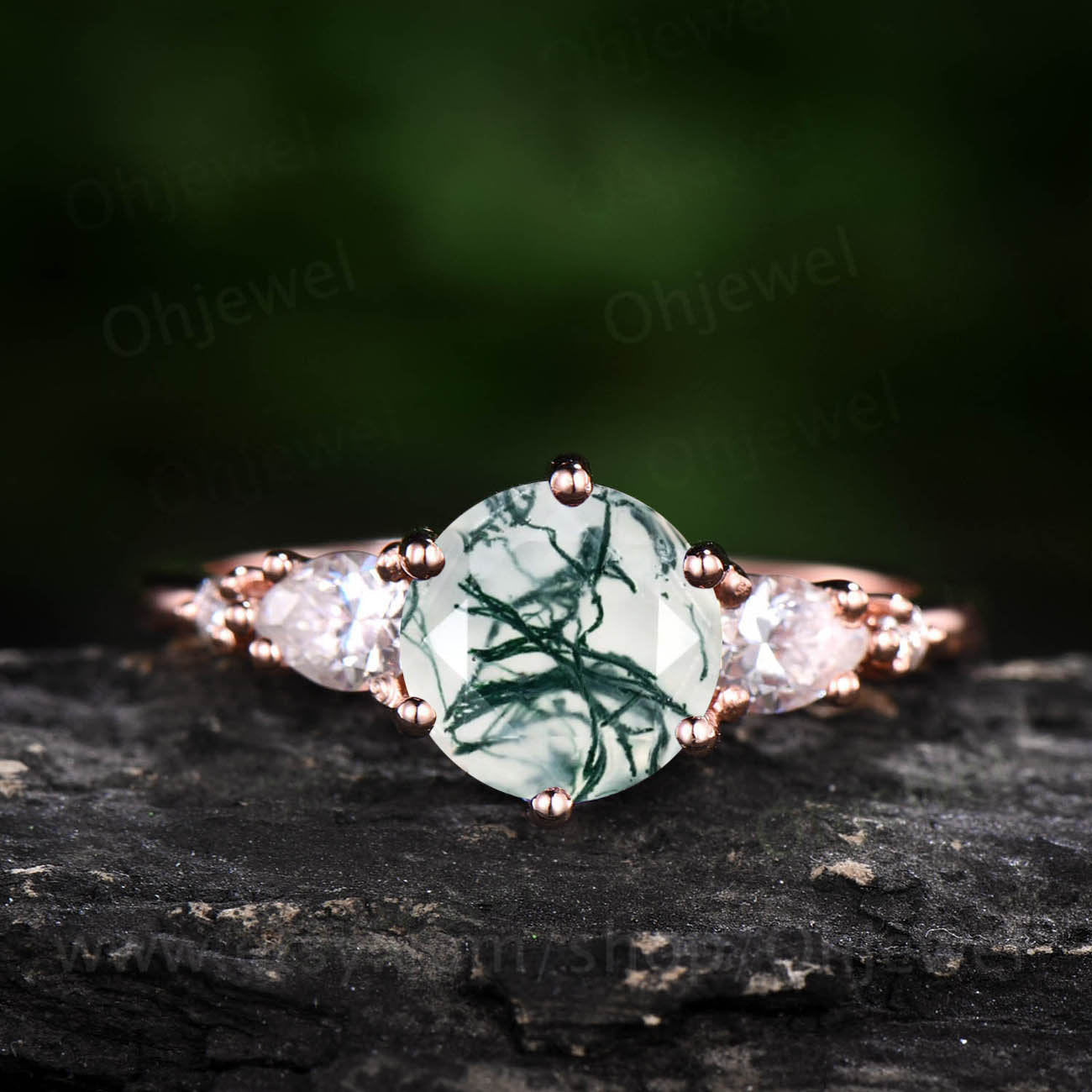Round moss agate ring vintage moss agate engagement ring five stone ring rose gold ring for women pear moissanite ring unique bridal ring