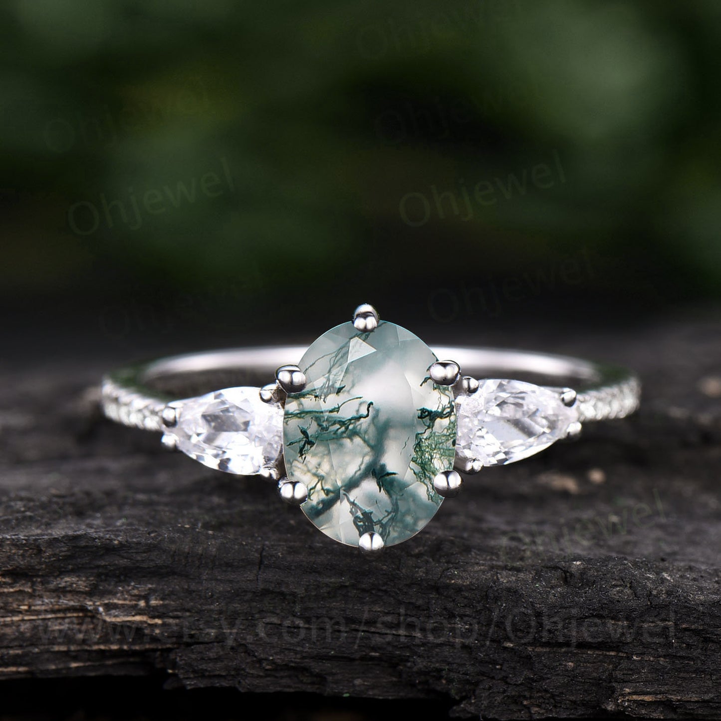 Oval shaped moss agate ring vintage moss agate engagement ring white gold diamond eternity ring pear shaped moissanite ring women six prong