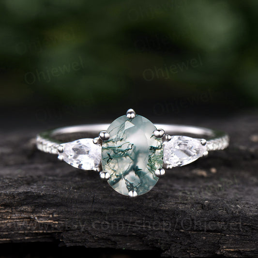 Oval shaped moss agate ring vintage moss agate engagement ring white gold diamond eternity ring pear shaped moissanite ring women six prong