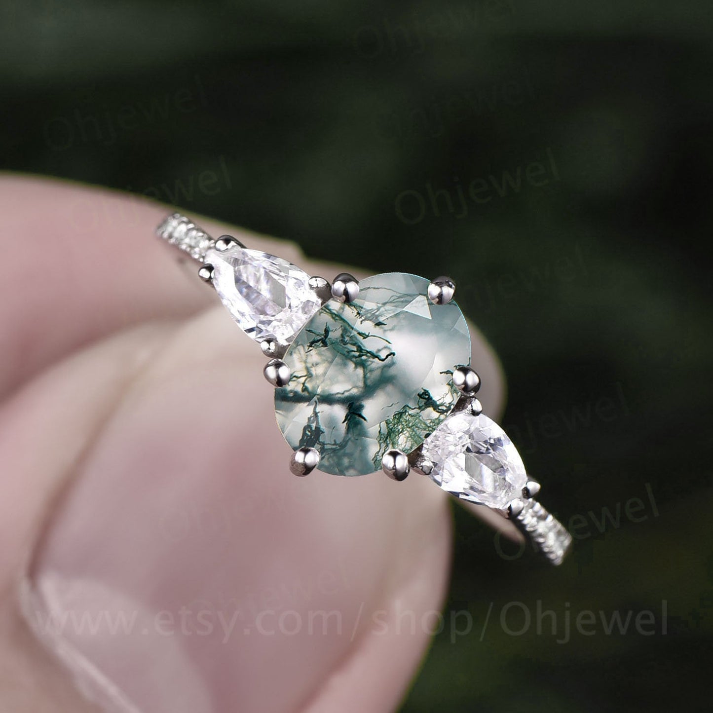 Oval shaped moss agate ring vintage moss agate engagement ring white gold diamond eternity ring pear shaped moissanite ring women six prong