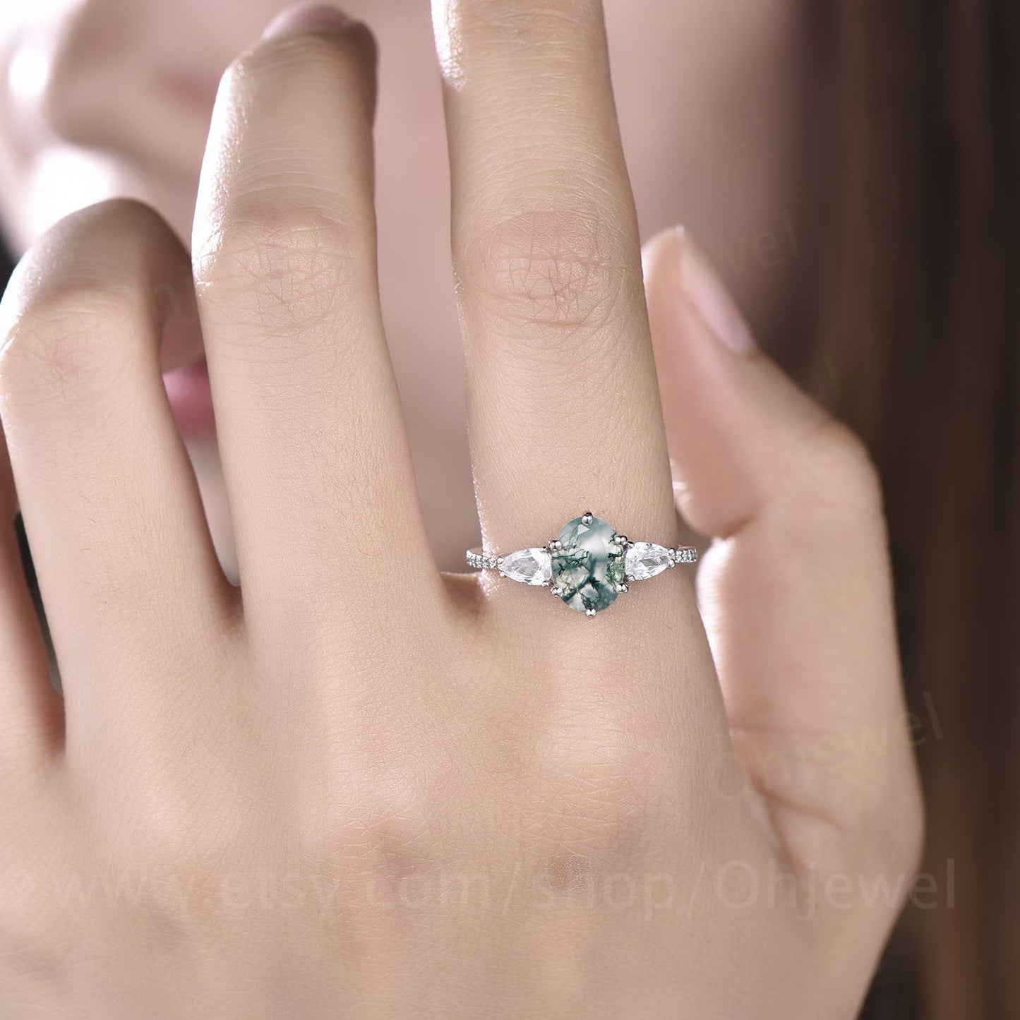 Oval shaped moss agate ring vintage moss agate engagement ring white gold diamond eternity ring pear shaped moissanite ring women six prong