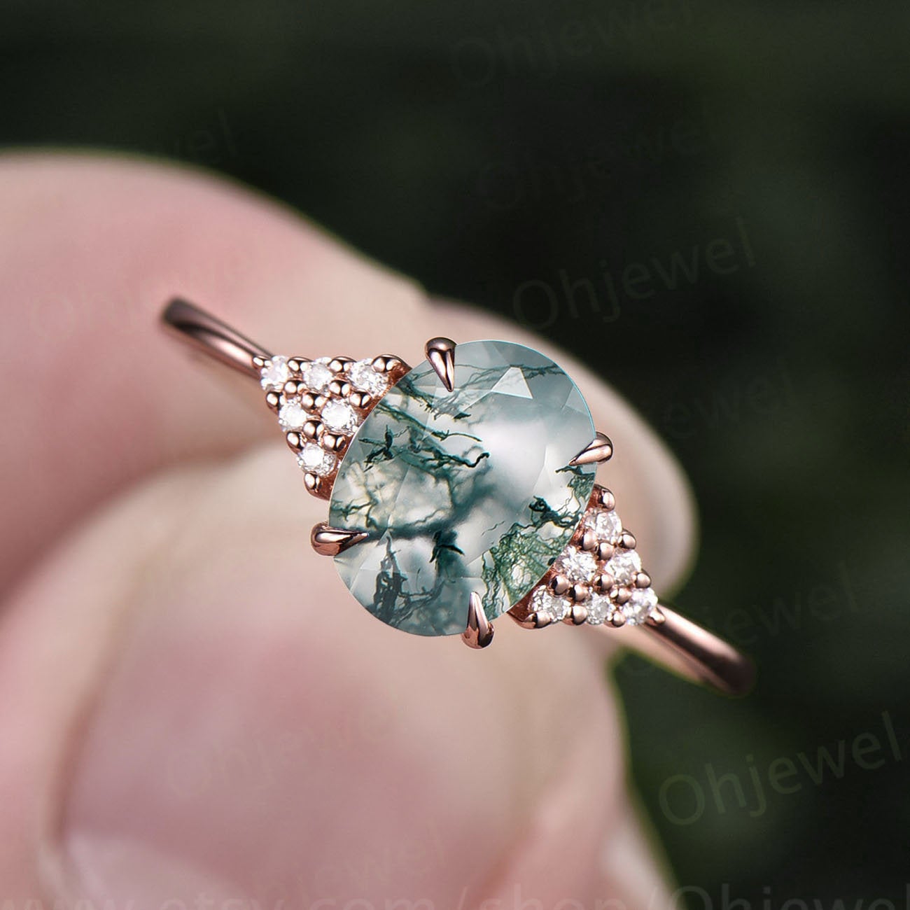Oval moss agate ring unique vintage moss agate engagement ring dainty diamond ring rose gold ring for women promise wedding anniversary ring