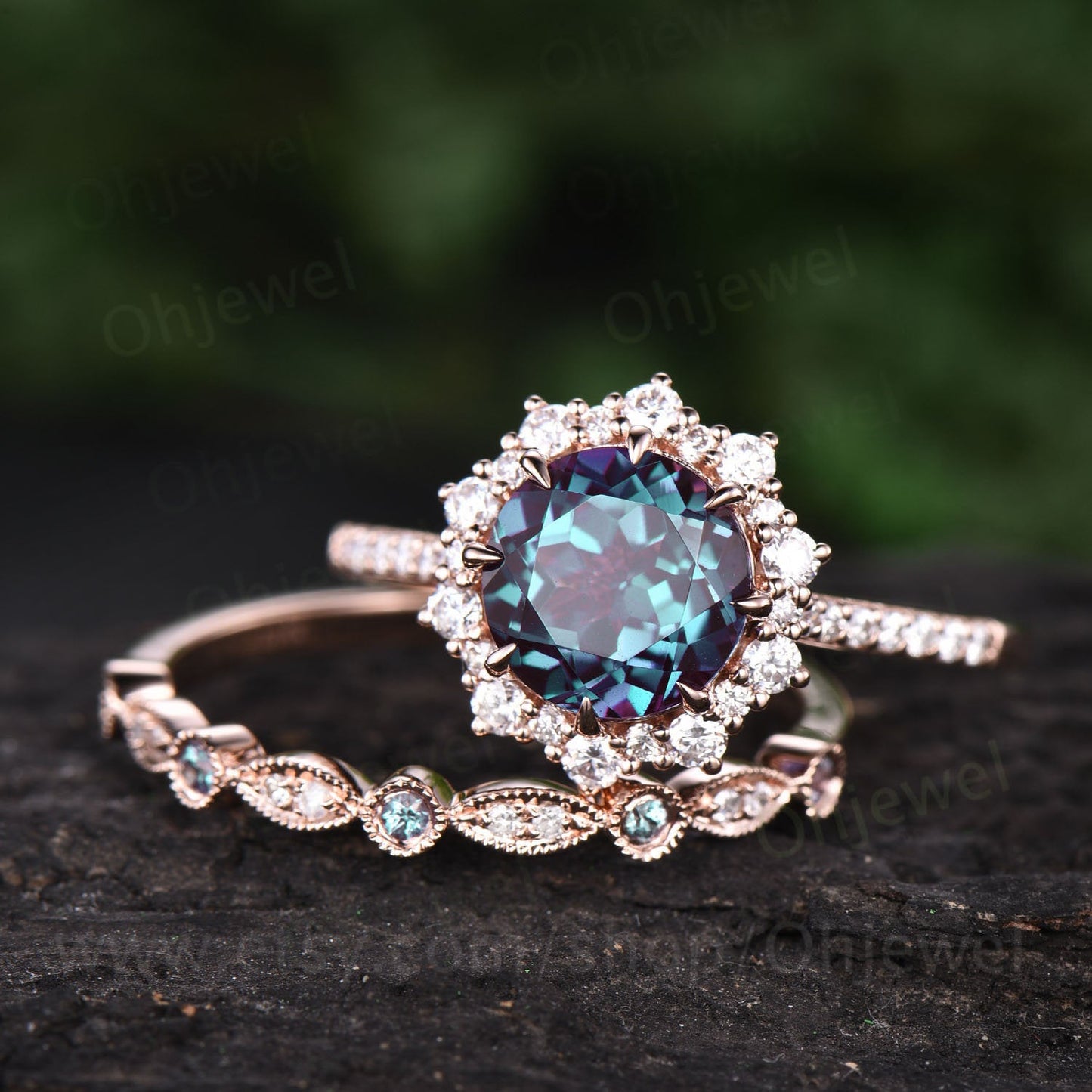2pcs 8mm round cut Alexandrite bridal set vintage Alexandrite engagement ring set halo ring diamond wedding band marquise ring for women