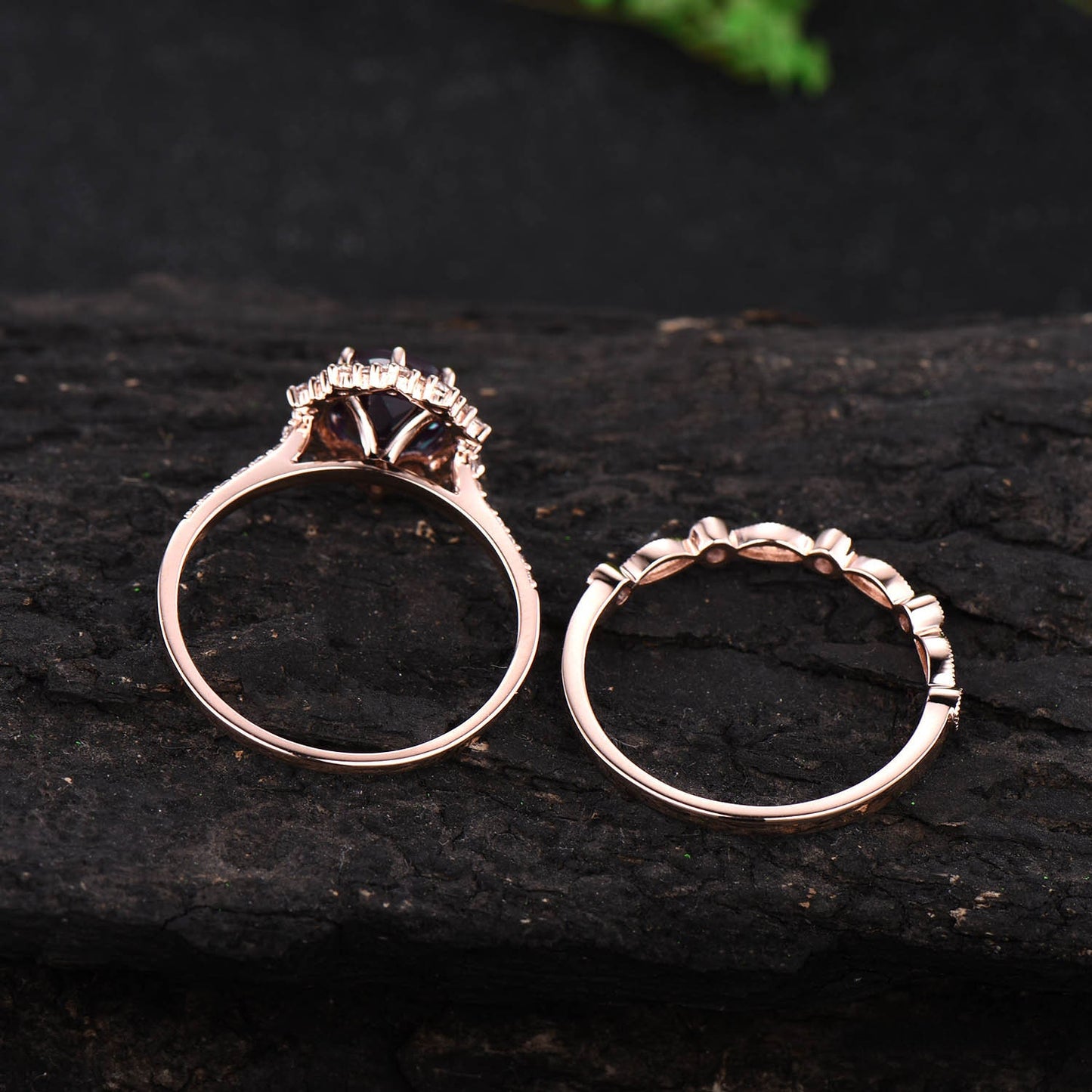 2ct Alexandrite ring set vintage Alexandrite engagement ring set unique halo rose gold engagement ring moissanite wedding ring set women