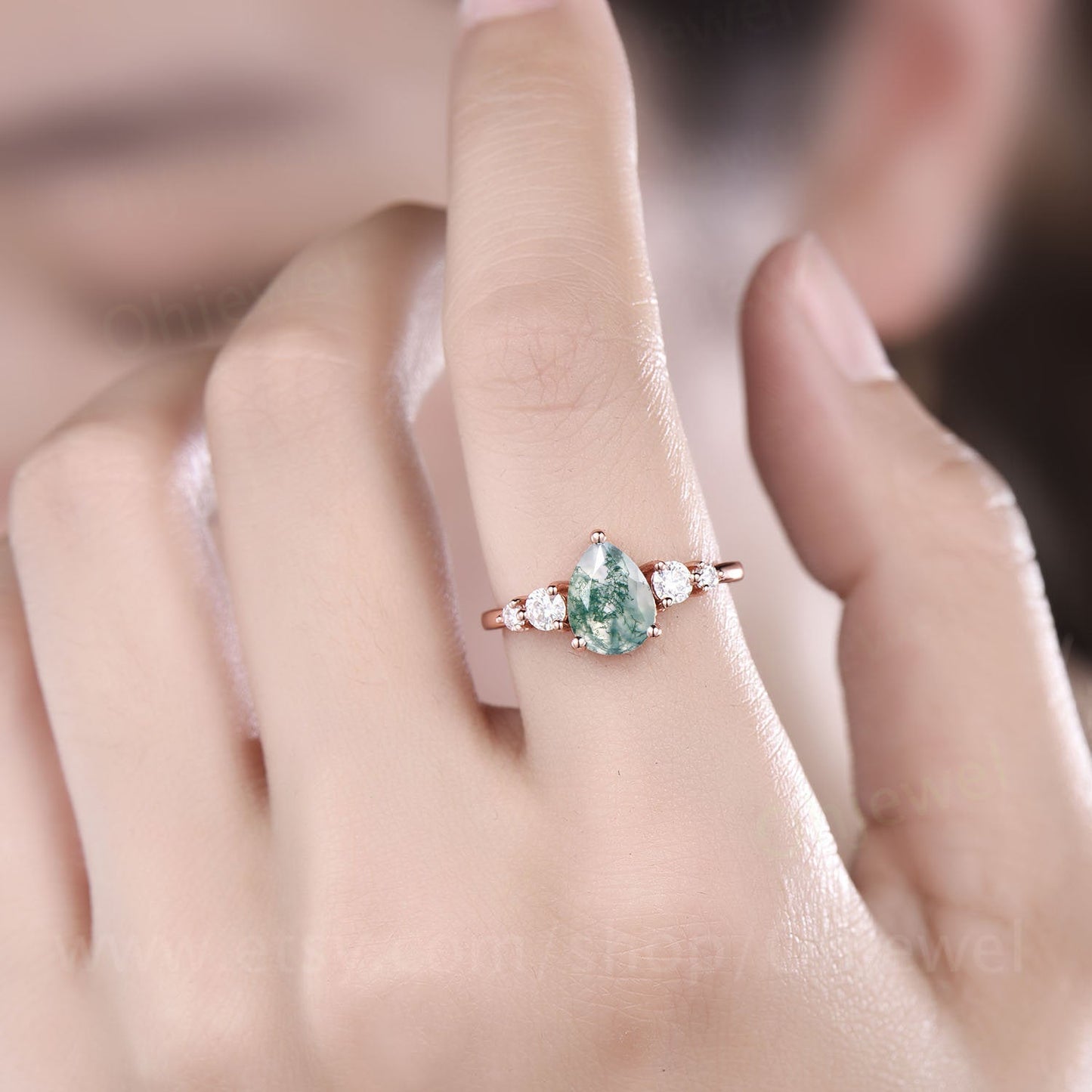 Pear shaped moss agate engagement ring vintage rose gold ring for women moissanite five stone ring custom jewelry unique wedding ring gift
