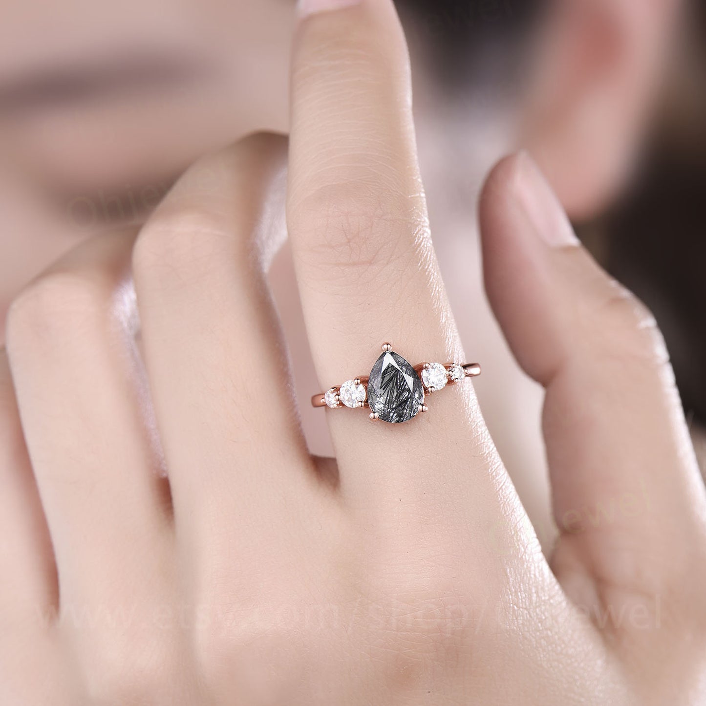 Pear vintage black rutilated quartz engagement ring for women rose gold moissanite five stone ring black stone ring wedding bridal ring gift