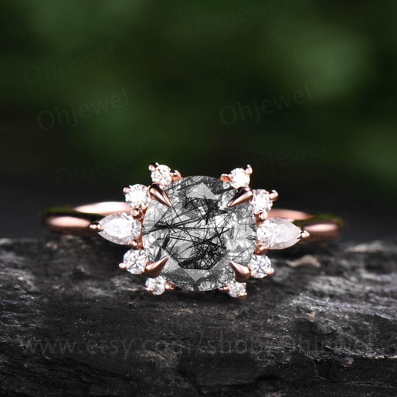 Round black rutilated quartz engagement ring vintage rose gold ring pear moissanite ring unique cluster ring bridal wedding gift for women