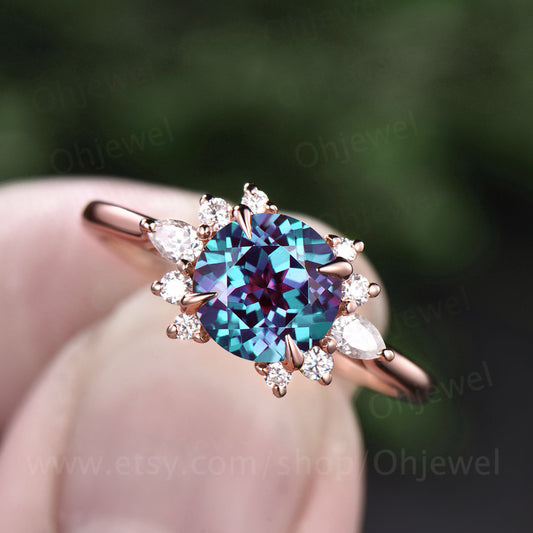 Color change Alexandrite bridal ring vintage Alexandrite engagement ring rose gold for women moissanite cluster ring June birthstone ring