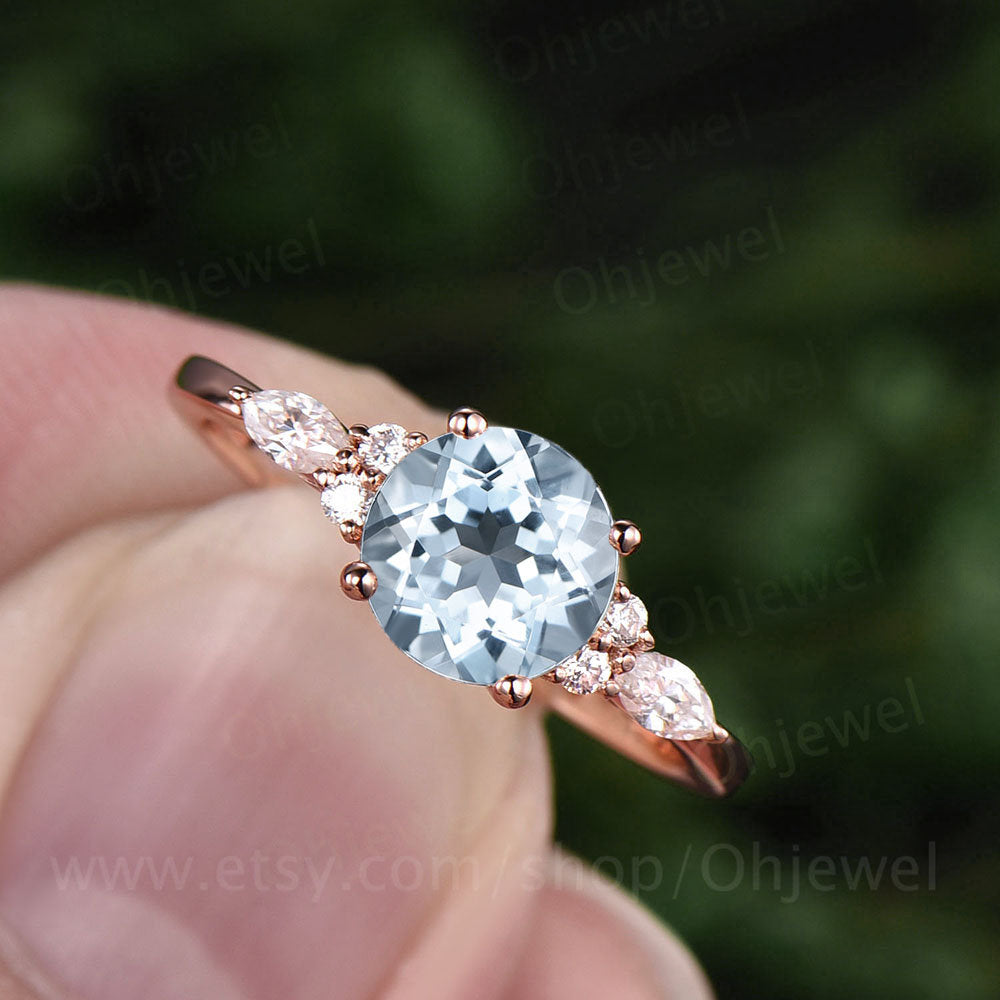 Vintage aquamarine engagement ring 7 stone ring rose gold ring March birthstone ring moissanite ring gold women jewelry anniversary gift
