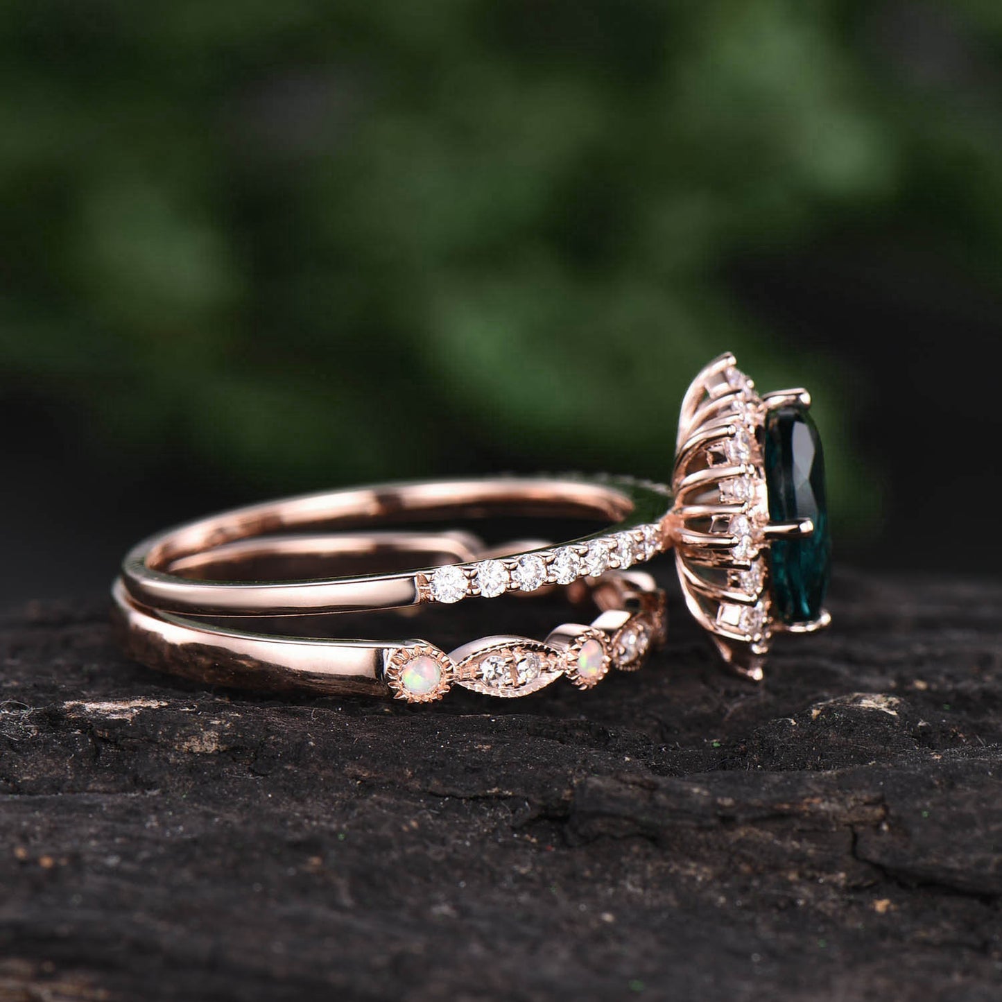 Color change Alexandrite engagement ring set vintage opal ring set diamond ring set rose gold ring set unqiue wedding ring set jewely gift