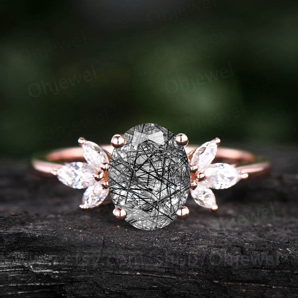 Oval cut black rutilated quartz engagement ring 7 stone rose gold ring marquise moissanite ring vintage unique engagement ring for women