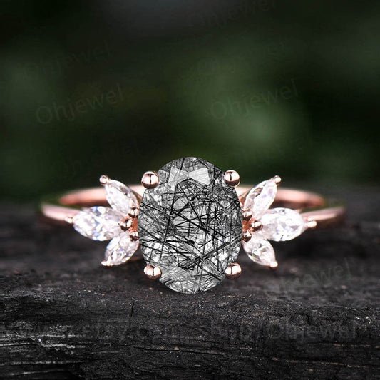 Oval cut black rutilated quartz engagement ring 7 stone rose gold ring marquise moissanite ring vintage unique engagement ring for women