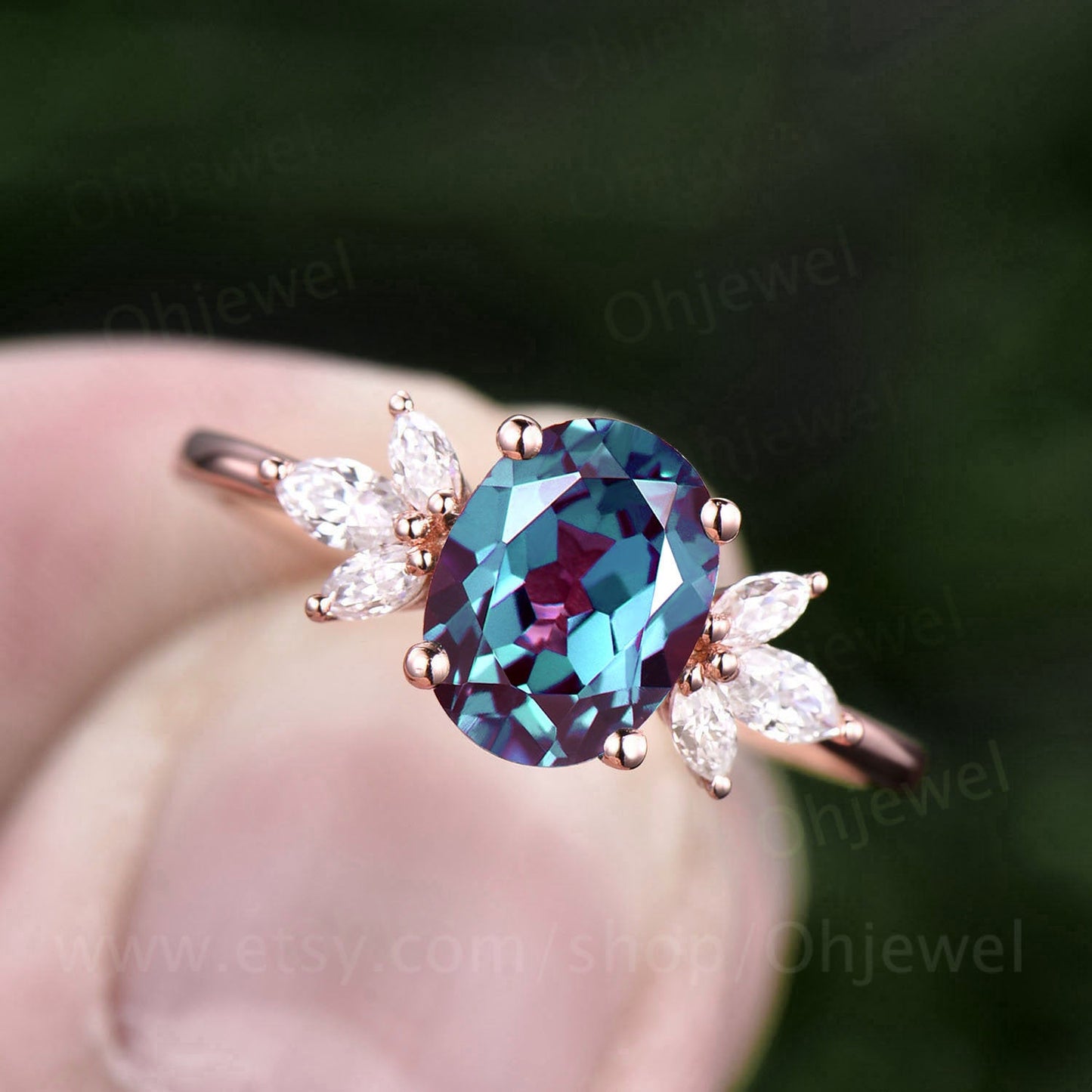 Oval cut Alexandrite ring rose gold vintage Alexandrite engagement ring for women June birthstone jewelry art deco moissanite bridal ring