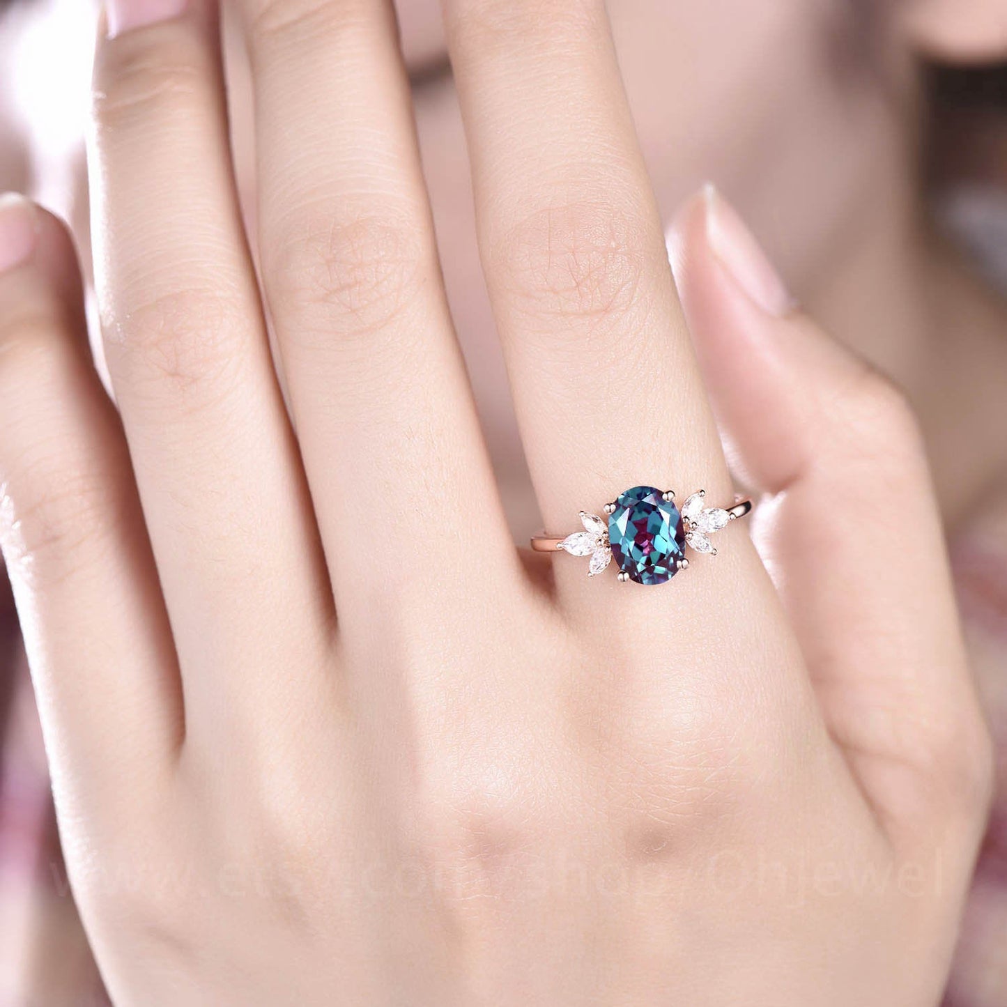 Oval cut Alexandrite ring rose gold vintage Alexandrite engagement ring for women June birthstone jewelry art deco moissanite bridal ring