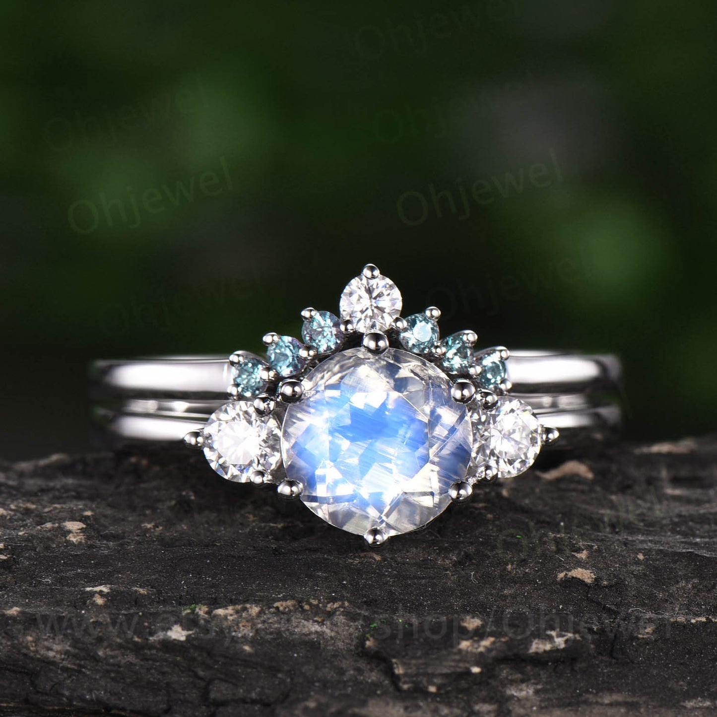 2pc Three stone ring moissanite crown ring alexandrite wedding band natural moonstone engagement ring set rose gold June birthstone ring set