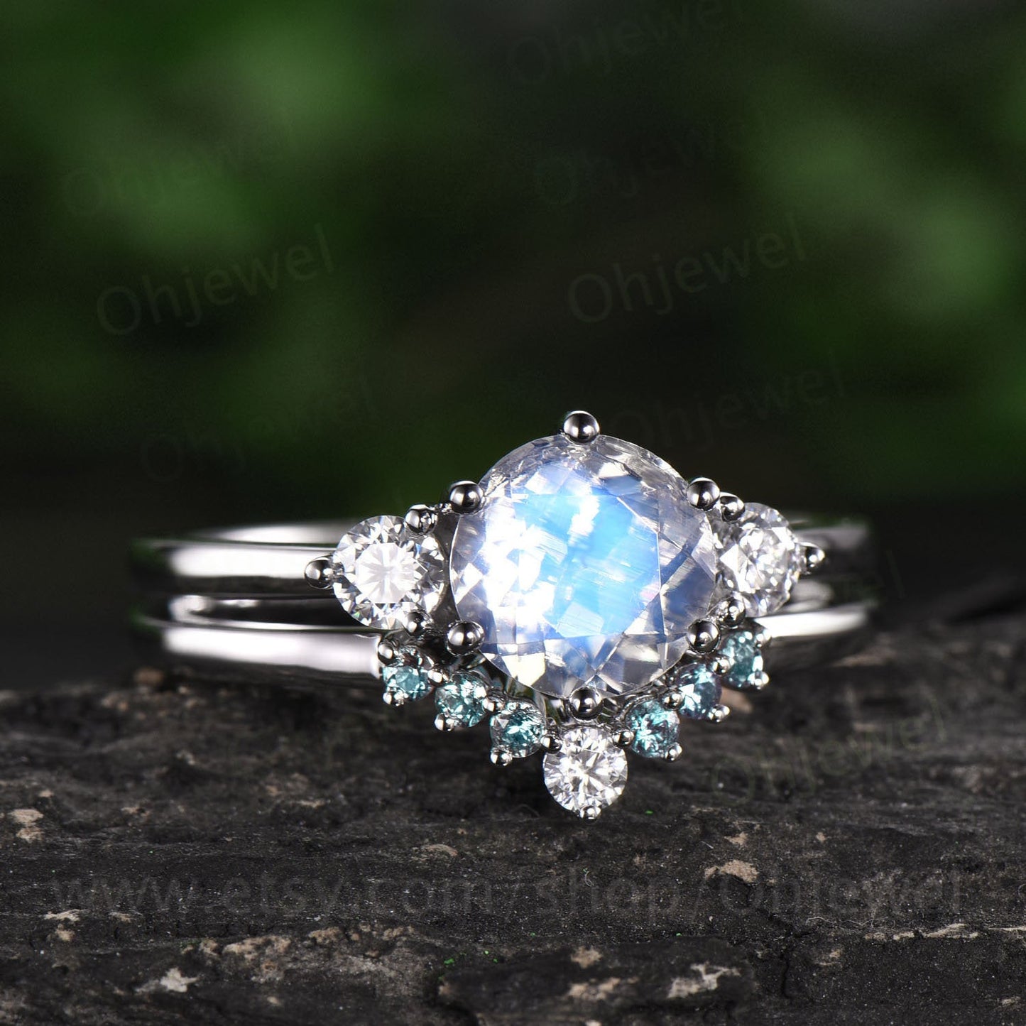 2pc Three stone ring moissanite crown ring alexandrite wedding band natural moonstone engagement ring set rose gold June birthstone ring set