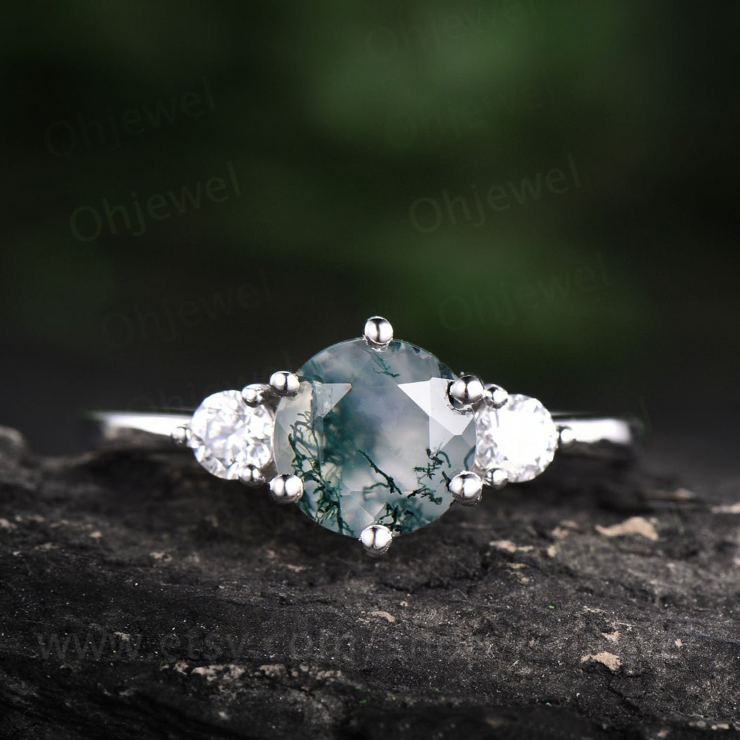 Three stone ring round moss agate ring vintage moss agate engagement ring moissanite ring rose gold for women jewelry dainty bridal ring