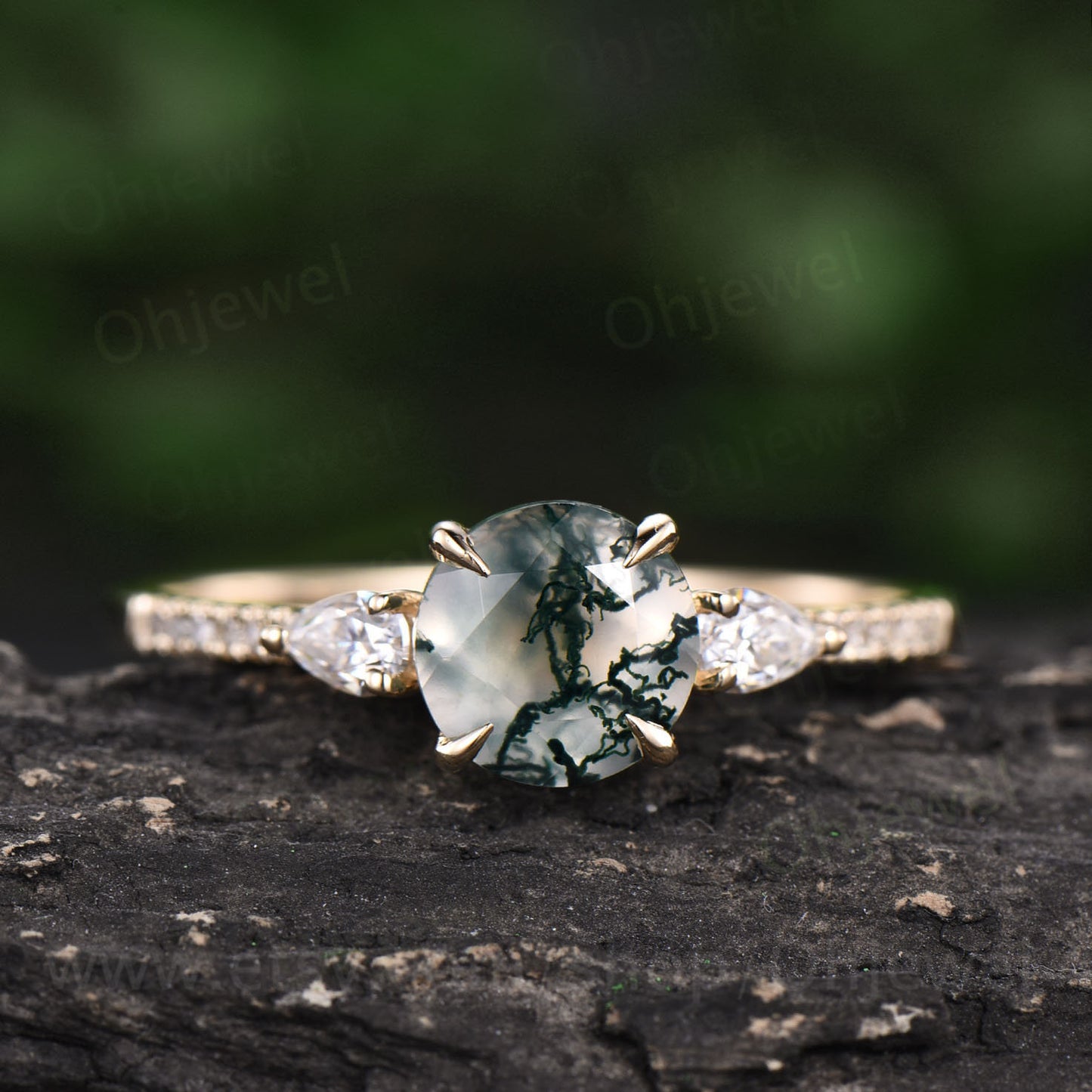 Round moss agate ring vintage moss agate engagement ring pear moissanite ring rose gold ring women half eternity dainty jewelry promise ring
