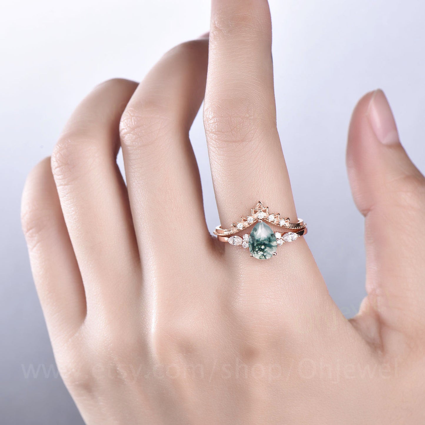 Pear cut moss agate engagement ring set vintage rose gold ring set art deco moissanite bridal set Milgrain wedding band antique jewelry gift