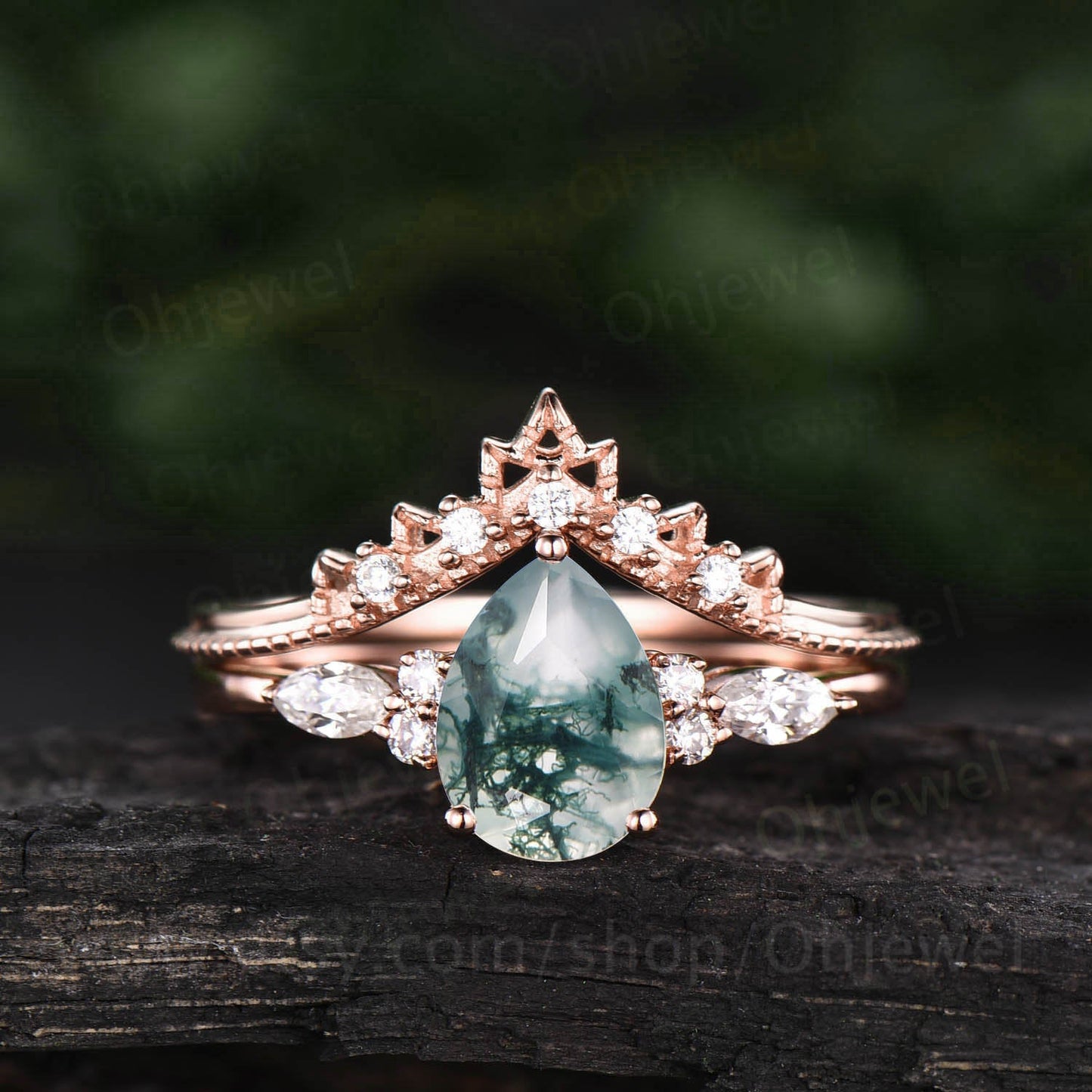 Pear cut moss agate engagement ring set vintage rose gold ring set art deco moissanite bridal set Milgrain wedding band antique jewelry gift