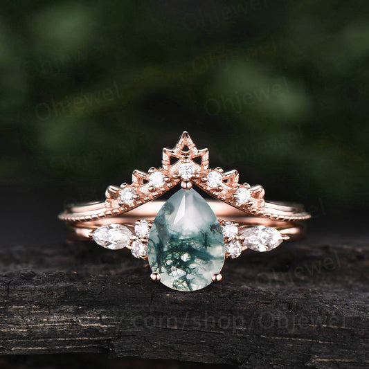 Pear cut moss agate engagement ring set vintage rose gold ring set art deco moissanite bridal set Milgrain wedding band antique jewelry gift