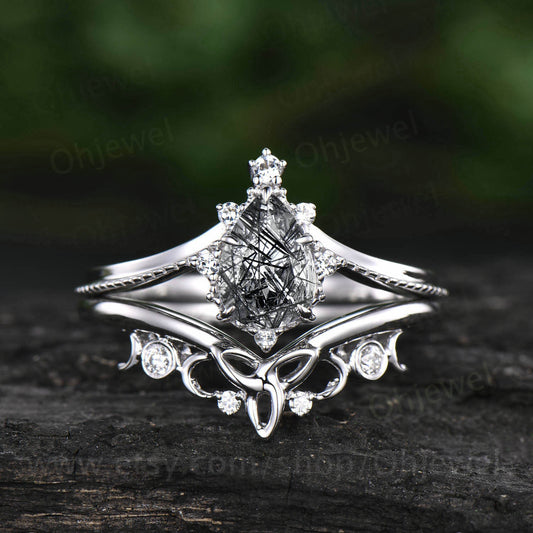 Unique wedding ring set Pear black rutilated quartz engagement ring set vintage moissanite ring set white gold bridal ring set Milgrain ring