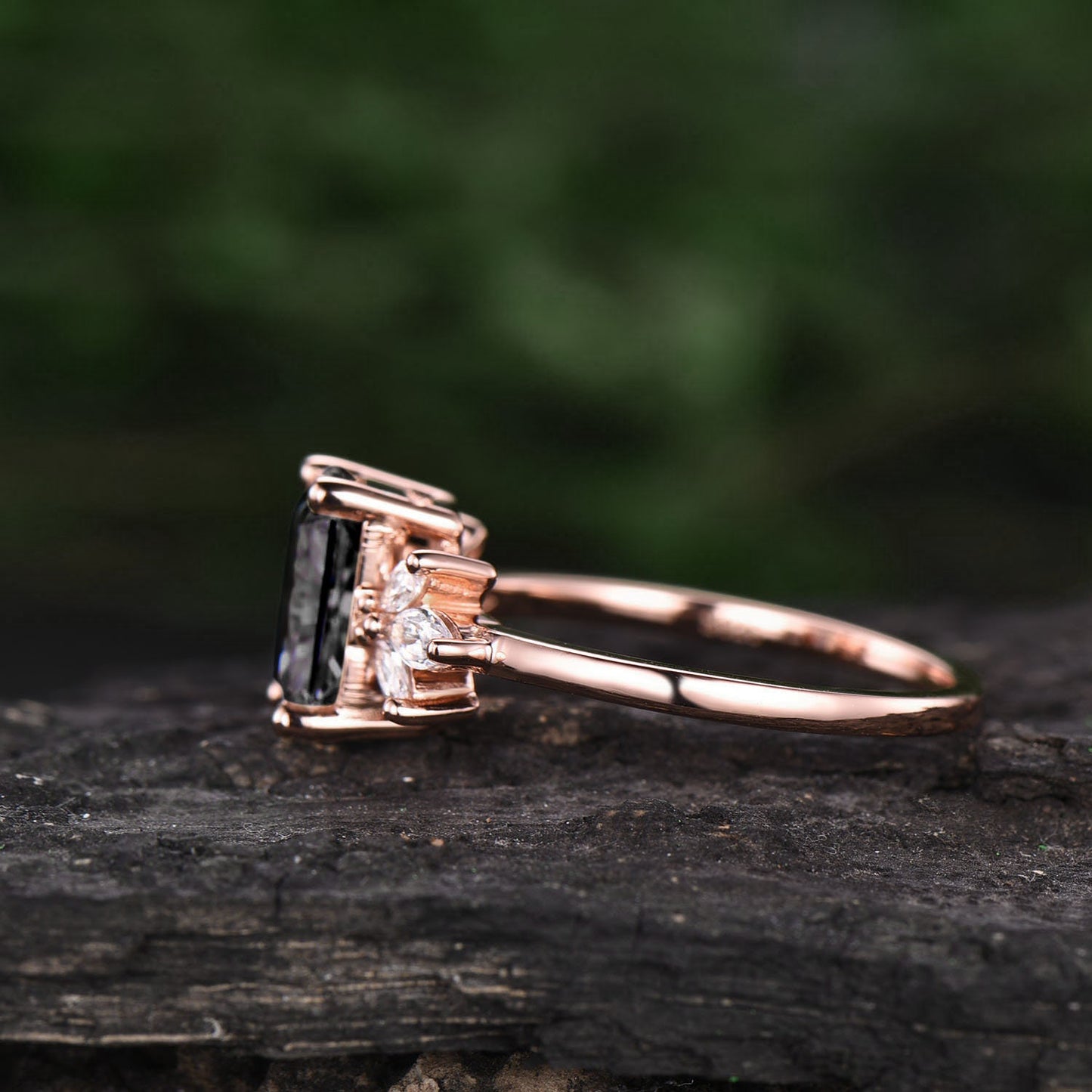 Emerald cut black quartz rutilated engagement ring vintage unique rose gold engagement ring 7 stone moissanite ring for women wedding ring