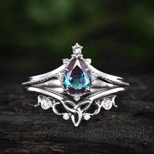 Unique wedding ring set Pear alexandrite engagement ring set white gold vintage moissanite ring set bridal ring set color change stone ring