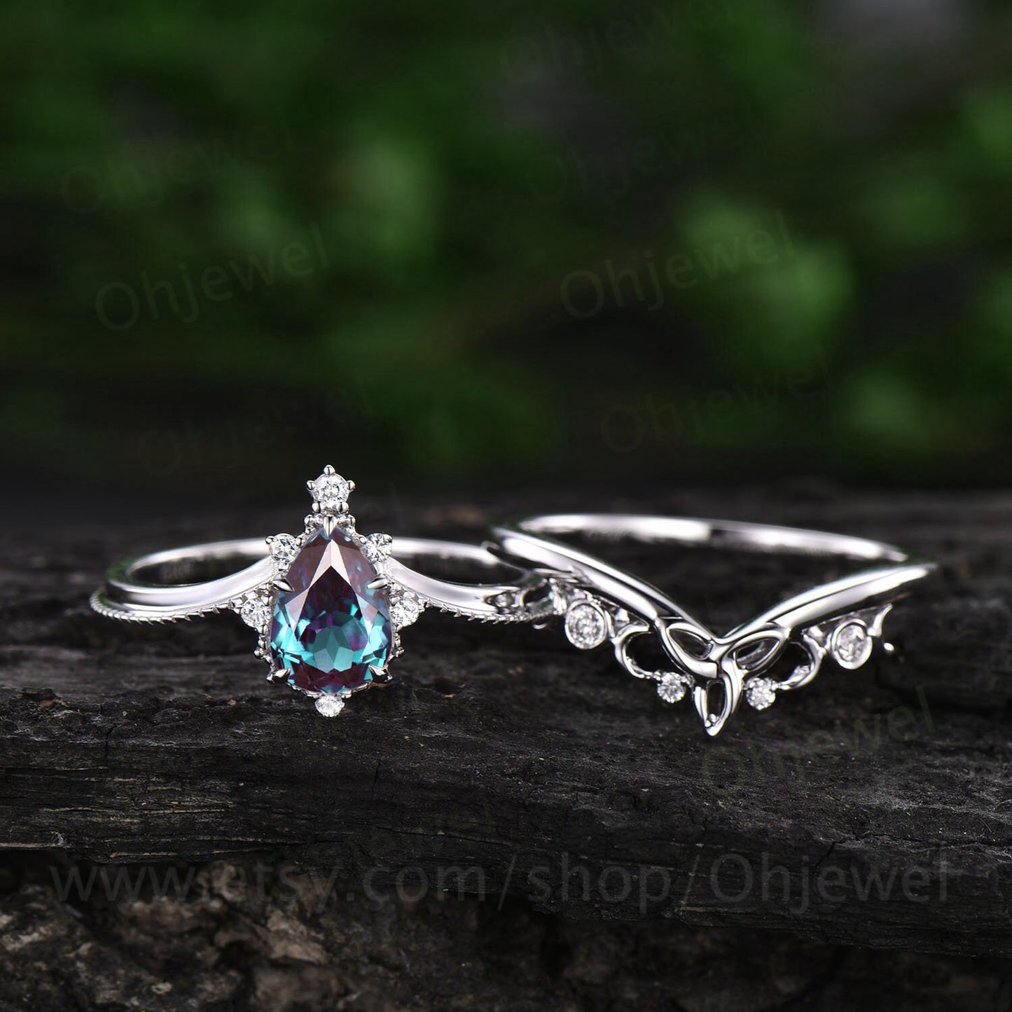 Unique wedding ring set Pear shaped alexandrite engagement ring set white gold vintage moissanite ring for women norse viking ring Jewelry
