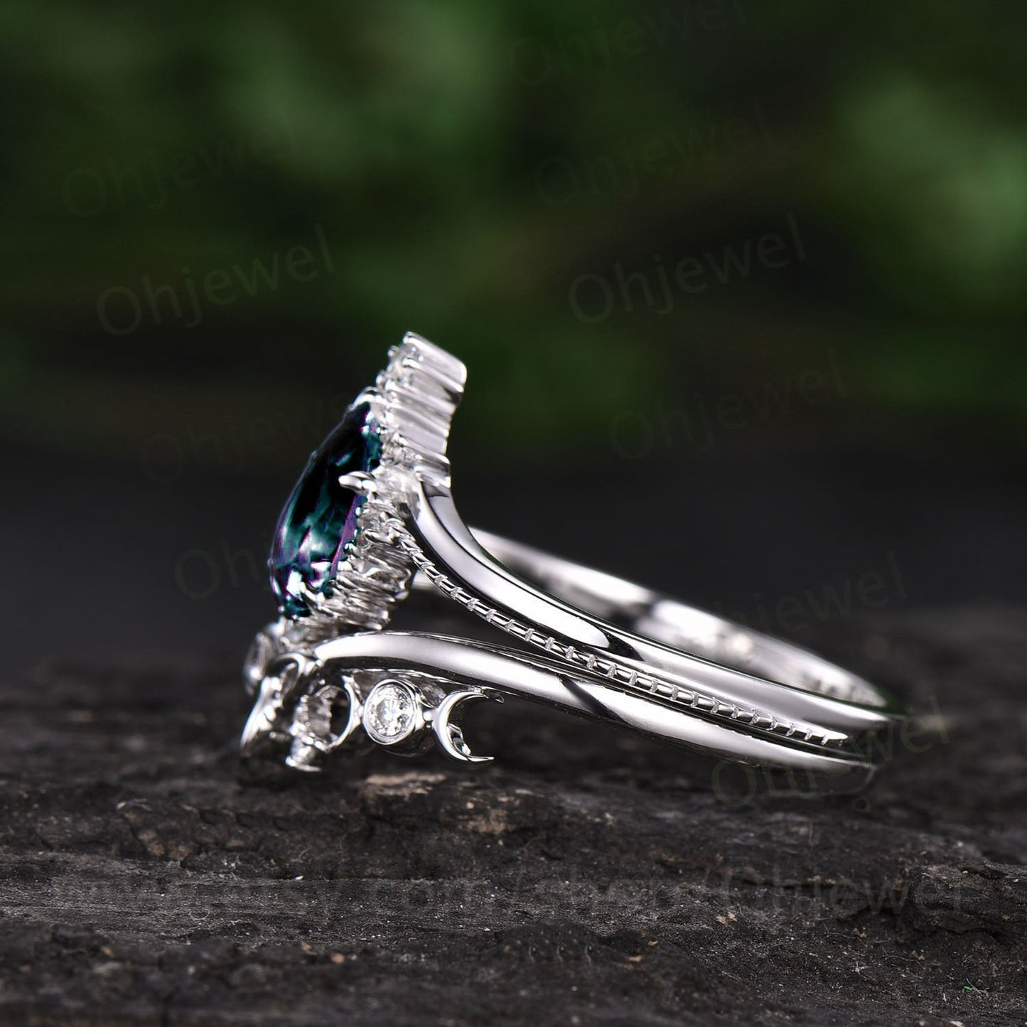 Unique wedding ring set Pear alexandrite engagement ring set white gold vintage moissanite ring set bridal ring set color change stone ring