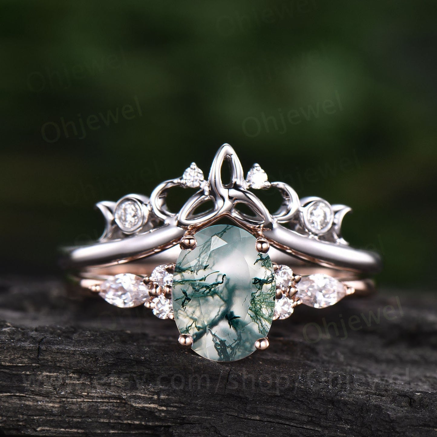 Oval moss agate engagement ring set 14k rose gold marquise cut moissanite ring for women moss agate ring silver norse viking ring Jewelry