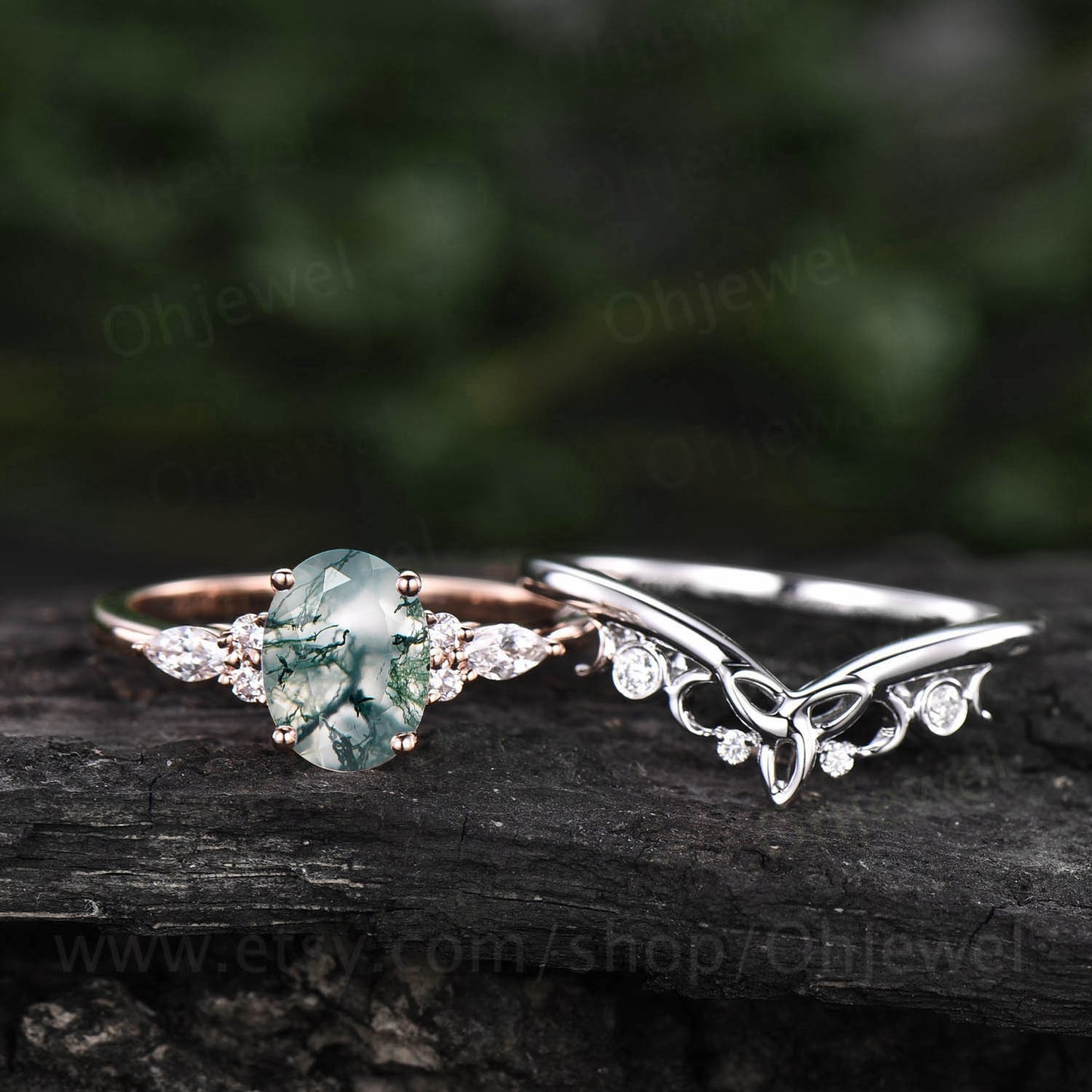 Oval moss agate engagement ring set 14k rose gold marquise cut moissanite ring for women moss agate ring silver norse viking ring Jewelry