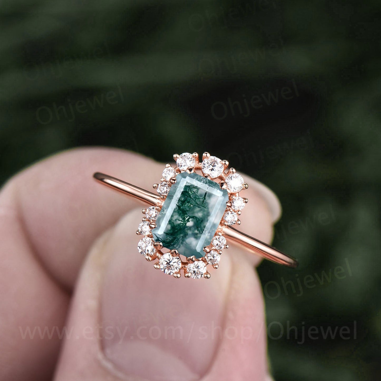 Unique engagement ring vintage moss agate engagement ring cluster halo moissanite ring rose gold organic gemstone ring for women jewelry