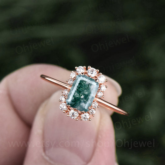 Unique engagement ring vintage moss agate engagement ring cluster halo moissanite ring rose gold organic gemstone ring for women jewelry
