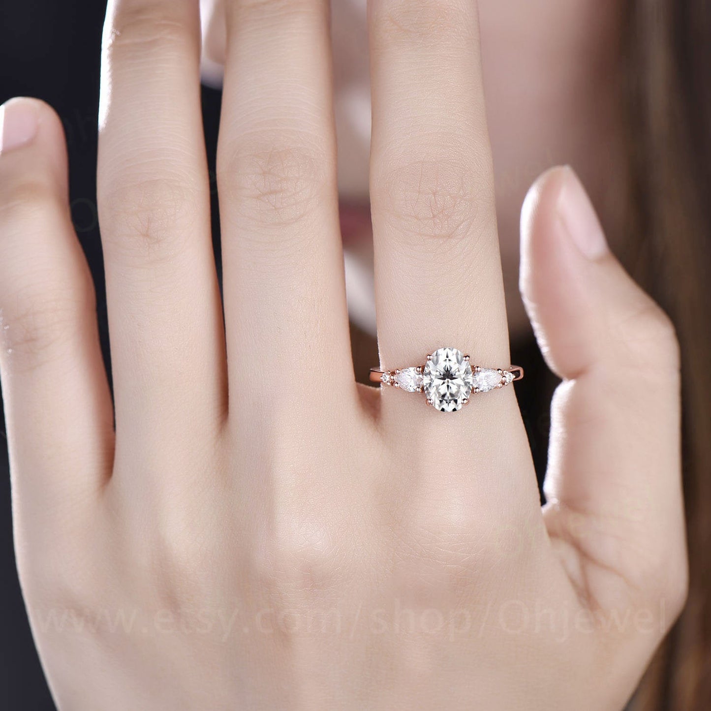 Vintage oval moissanite engagement ring five stone unique pear moissanite ring for women rose gold anniversary gift sterling silver ring