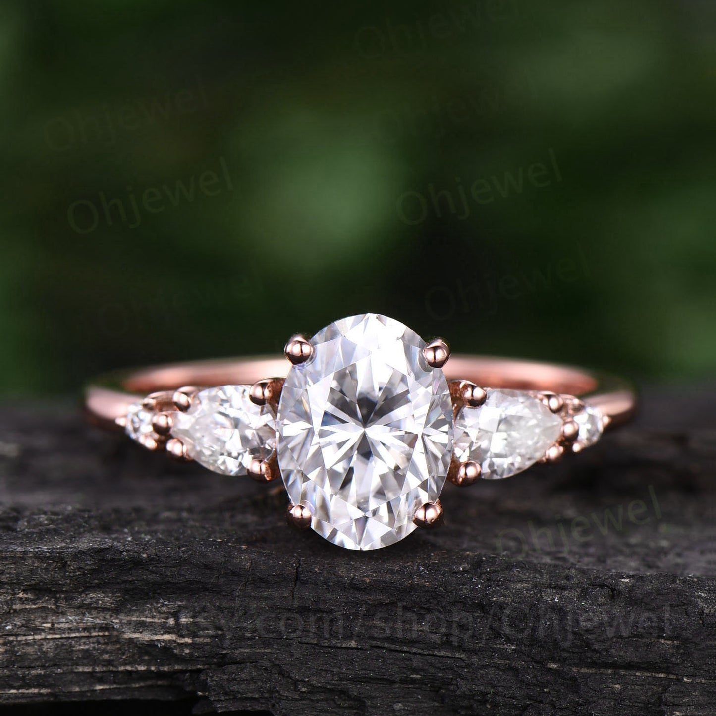 Vintage oval moissanite engagement ring five stone unique pear moissanite ring for women rose gold anniversary gift sterling silver ring