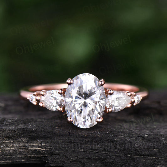 Vintage oval moissanite engagement ring five stone unique pear moissanite ring for women rose gold anniversary gift sterling silver ring