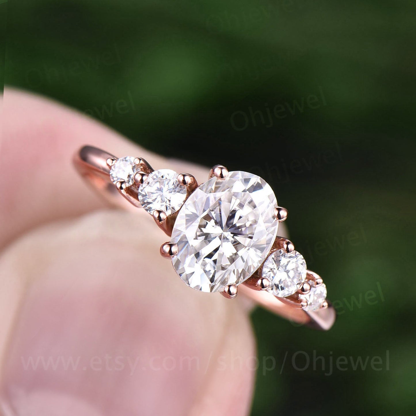 Oval cut moissanite engagement ring five stone ring vintage rose gold ring custom dainty jewelry promise ring for her unique wedding ring